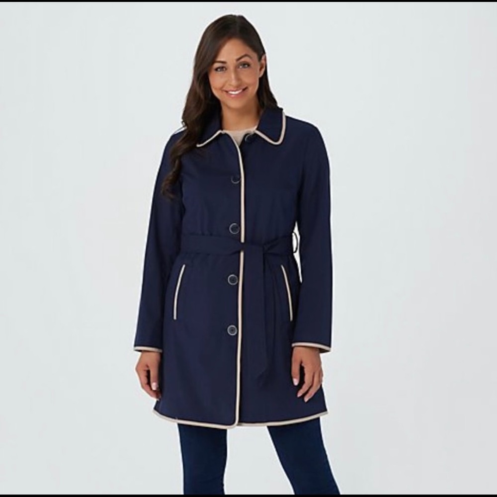 Dennis by Dennis Basso navy water resistant trench jacket EUC size XS